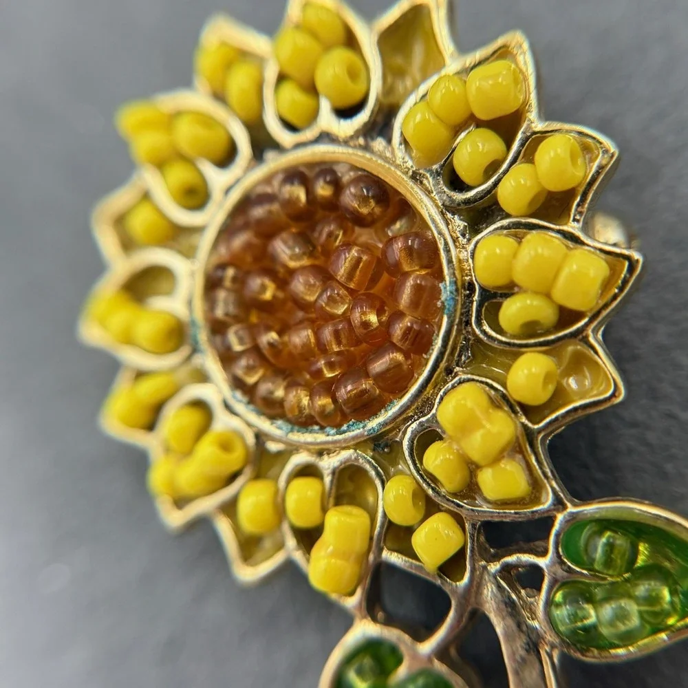 Vintage Alloy‎ Sunflower Gold-Toned Beaded Fashion Decorative Enamel Brooch Pin